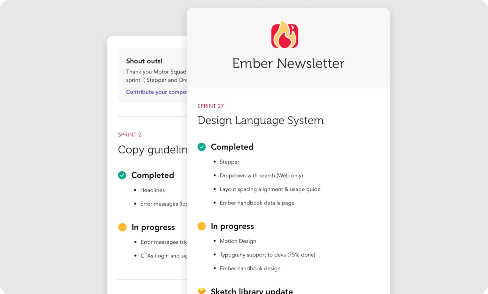 Ember newsletter showcasing sprint updates and component releases